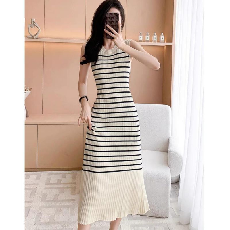 D8378 Baju mididress ROANA STRIPED KNITTED MIDI DRESS RAJUT SALUR tanpa lengan lekbong dres Korea Ko