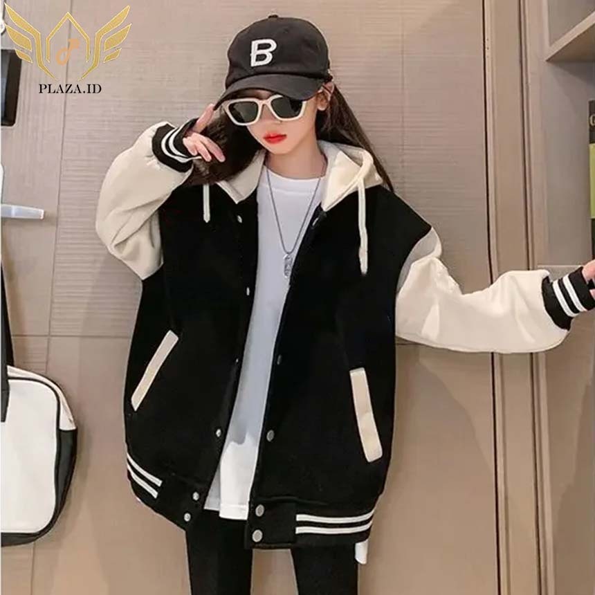 Jaket Varsity Jaket Baseball Cewek Cowok Jaket Berkancing HITAM PUTIH  Hoodie Korean Style Bahan Fle