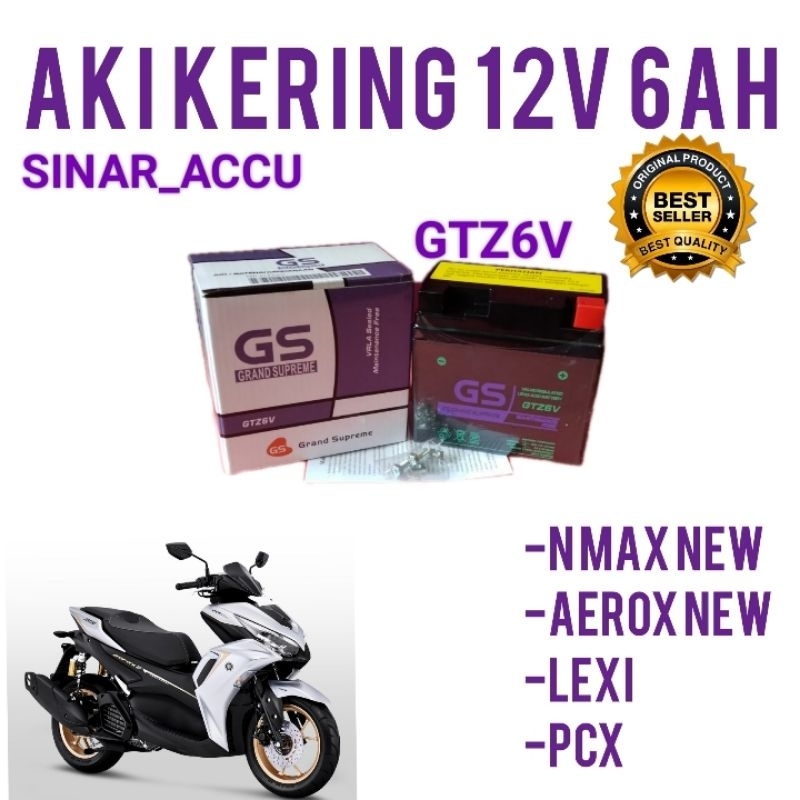 aki motor n max new, aerox new, Lexi aki kering, aki gs gtz6v aki gs grand supreme 12volt 6ah