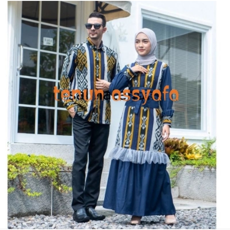 BAJU COUPLE TENUN SIERA NAVY KUNING, DRESS TENUN BROKAT, KEMEJA PANJANG TENUN, GAMIS KONDANGAN, DRES