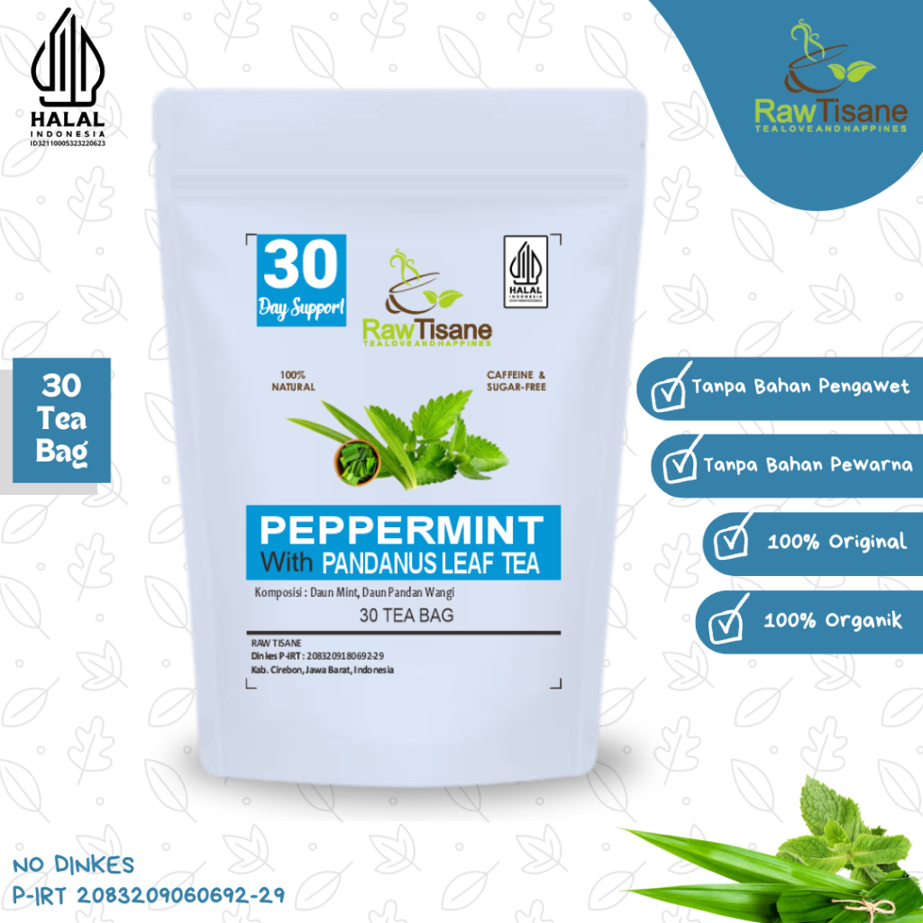 

RAW TISANE Peppermint With Pandanus Leaf Tea : Teh Celup Daun Mint & Daun Pandan Wangi Isi 30 Tea Bag