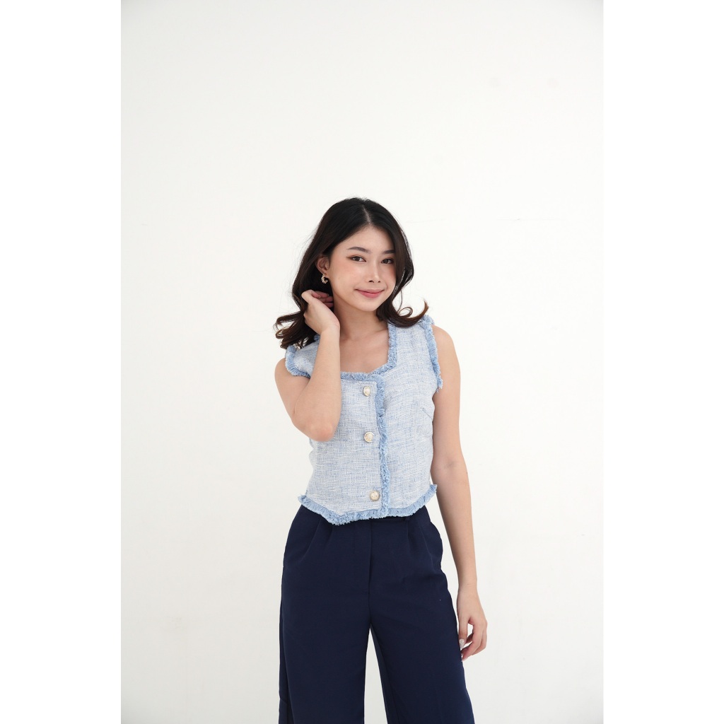 [ IZEL ] Mia Tweed Top | Tweed Crop Top Wanita | Atasan Tweed Elegan | Korean TweedTop
