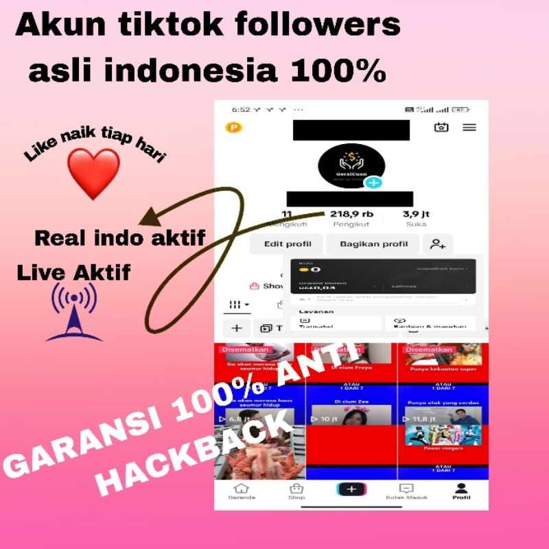 Akun Tiktok 200k+ followers real indo