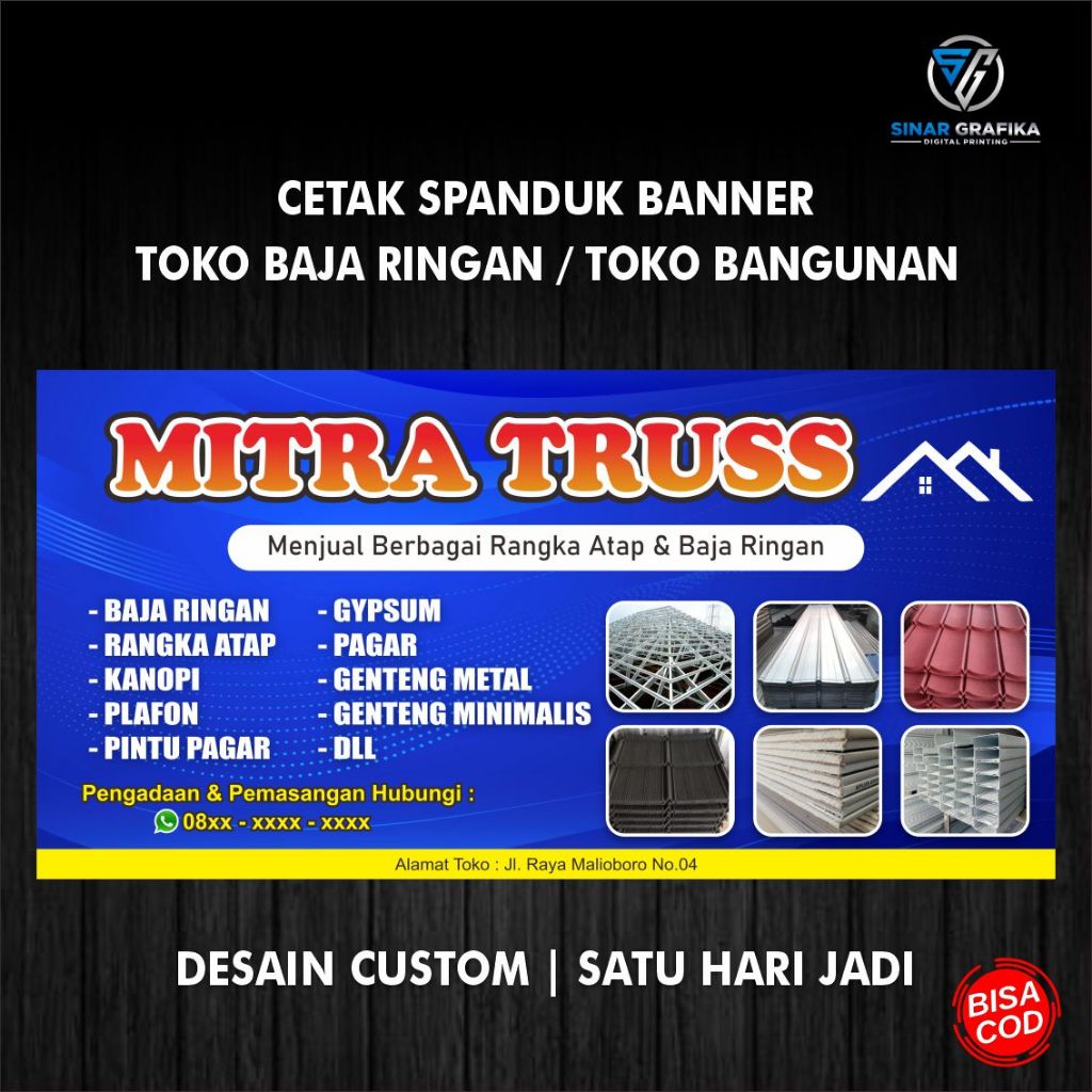 Spanduk Toko Baja Ringan | Banner Toko Bangunan | Bisa Request Desan & Ukuran