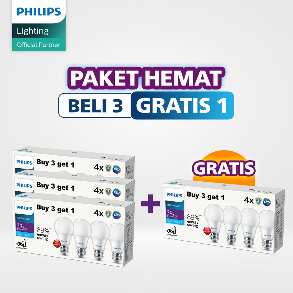 Beli 3 Gratis 1 Philips Lampu Multipack RadiantLine LEDBulb 7W 6500K Putih