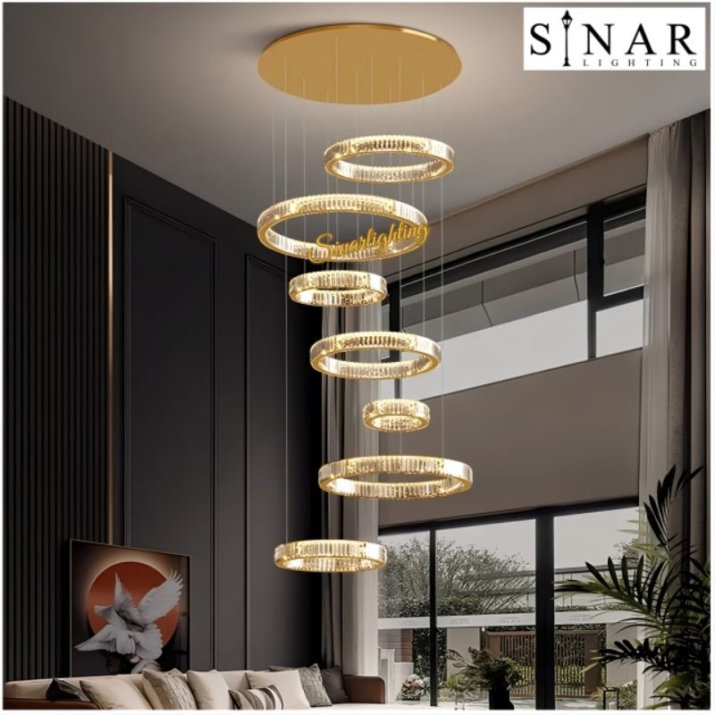 Lampu gantung Kristal Void 7 Ring LED gold M9009