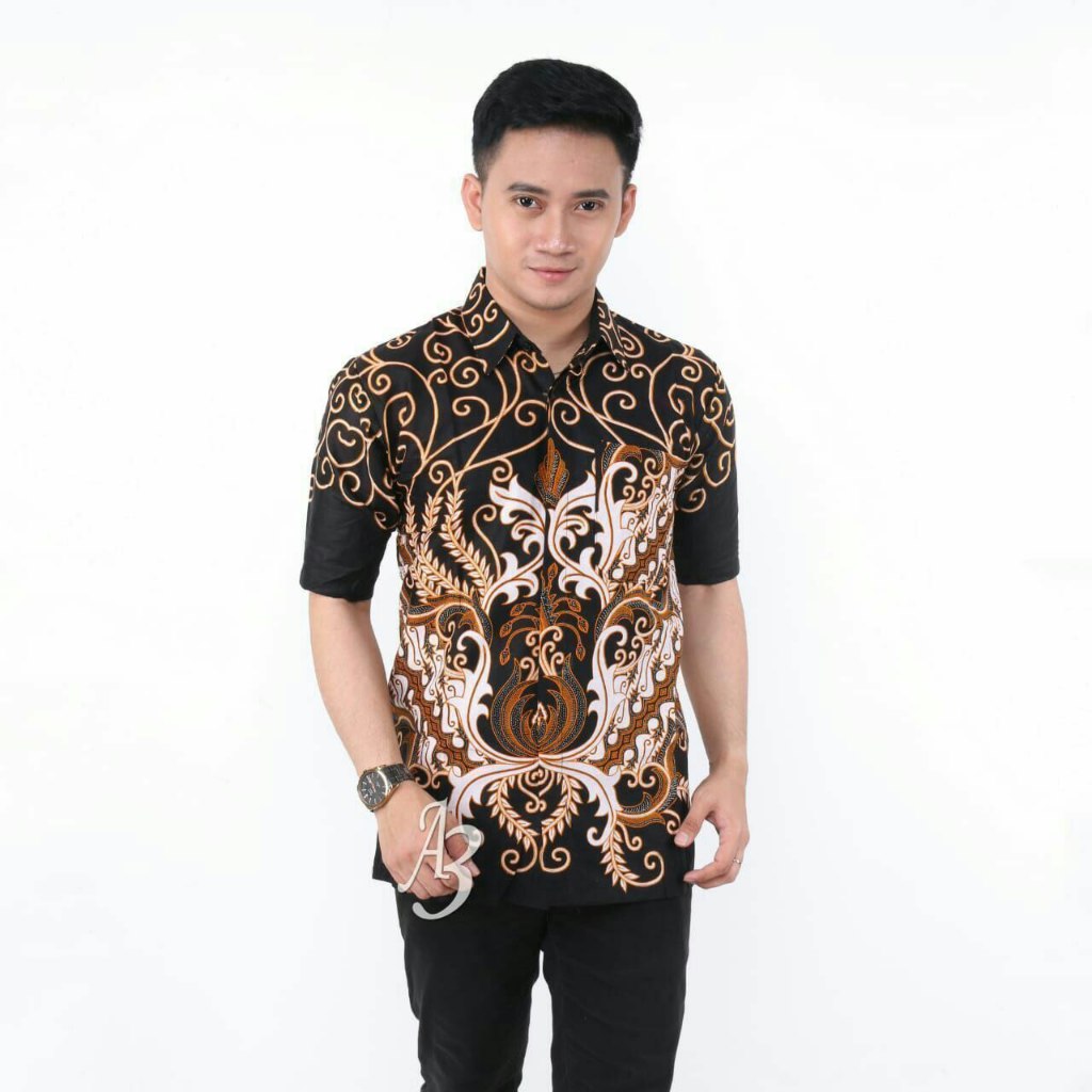 Hem Batik Pria - Motif Kembang Joglo - Warna Hitam Kuning