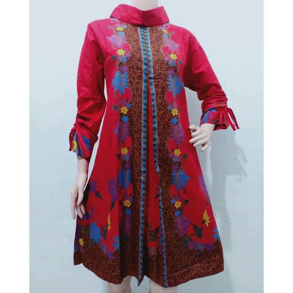 Fairyrozi Dress Midi Tunik Batik Motif Helania Kuning Biru Merah Hijau Tosca Bahan Premium Size Regu