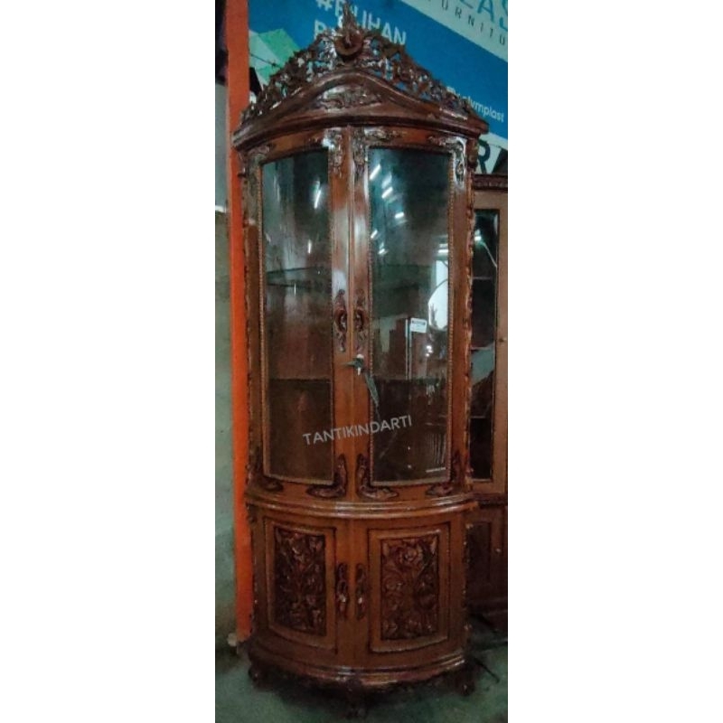 LEMARI SUDUT KAYU JATI JEPARA, TATAKAN KACA, 2 PINTU