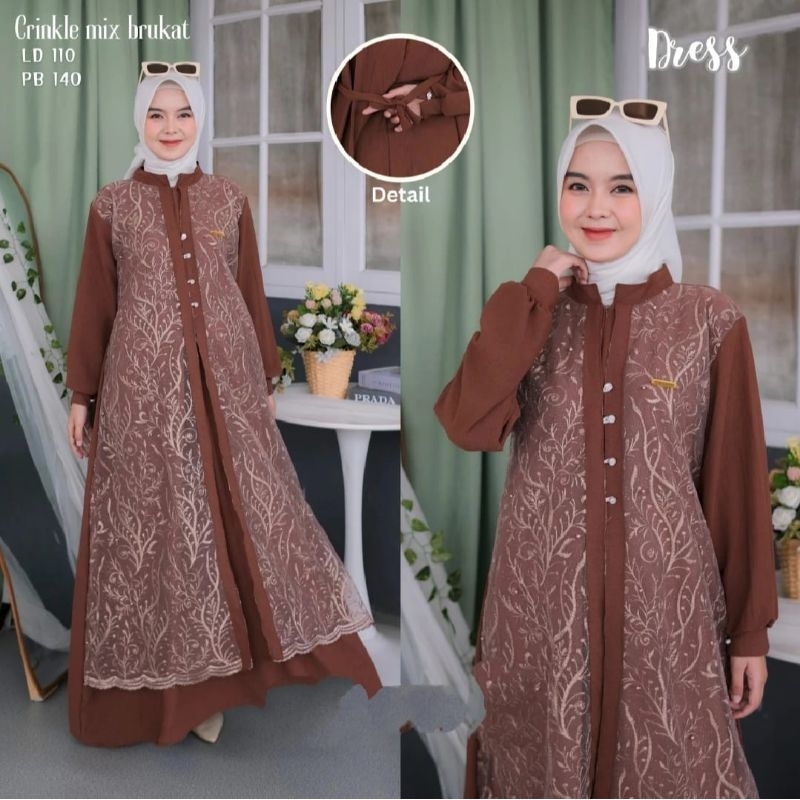 Baju Gamis Hayya Dress Cringkle Mix Brokat Tile MUTIARA Premium