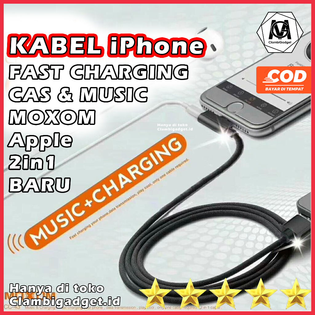 Kabel Data iPhone Original Moxom 2in1 Kabel Data dan Music Kabel Data iPhone Fast Charging Kabel iPh