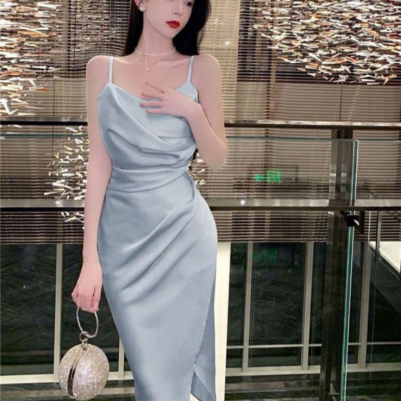 Dress Alyana Satin Premium Warna Baby Blue