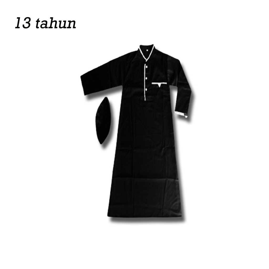 JUBAH MUSLIM ANAK COWOK USIA 13-15 TAHUN / PAKAIAN MUSLIM ANAK WARNA HITAM / JUBAH LIS HITAM ANAK LA