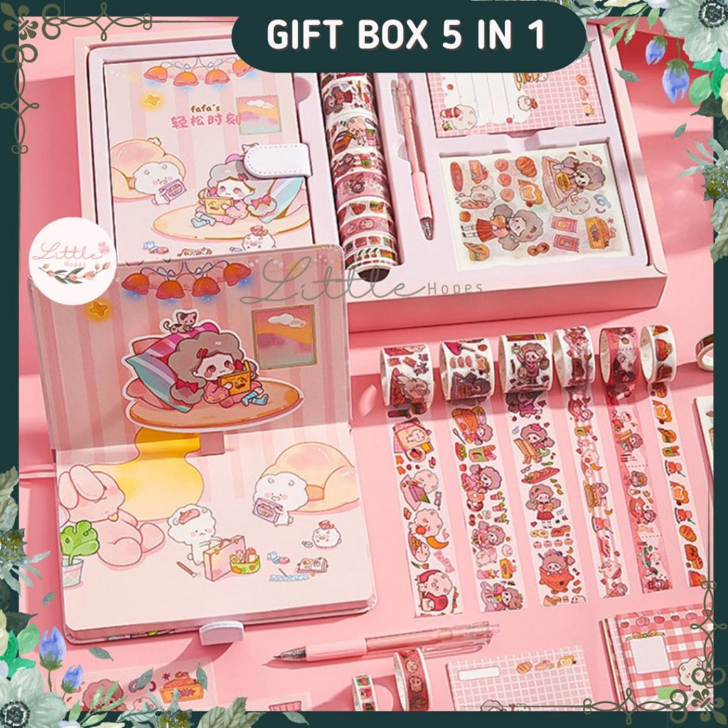 

(FREE GIFT) Set 5 in 1 Notebook Washi Tape DIY isi 73 PCS Gift Box / Paket Agenda / Hadiah Murah Unik / Journal Diary / Paper PET Sticker Memo / Scrapbook Kit Lengkap / Buku Catatan Sekolah Anak / Unik Lucu / Kawaii Animasi COD Lebaran