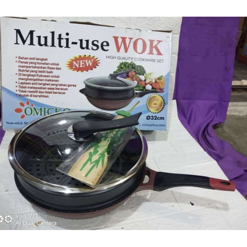 Panci wok +  steamer omicko multi use wok non stick  marbel Anti lengket Bahan tebal Ukuran 32 cm