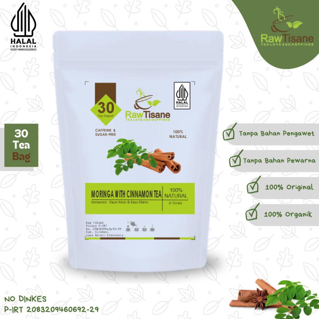 

RAW TISANE Moringa With Cinnamon Tea : Teh Daun Kelor & Kayu Manis Isi 30 Tea Bag