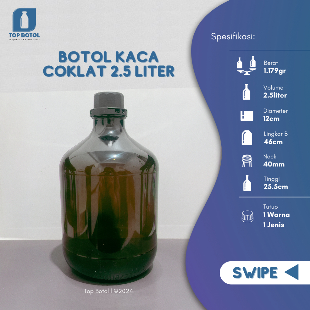 (Paket 2pcs) Botol kaca coklat 2,5L, Botol kaca amber 2,5liter, Botol coklat bulat - Amber 2,5L Boto