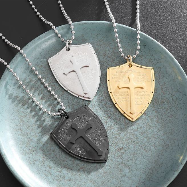 Kalung Tameng Salib - Shield of Faith Cross Necklace Vintage Pendant + Chain Cord Armor Ephesians / 