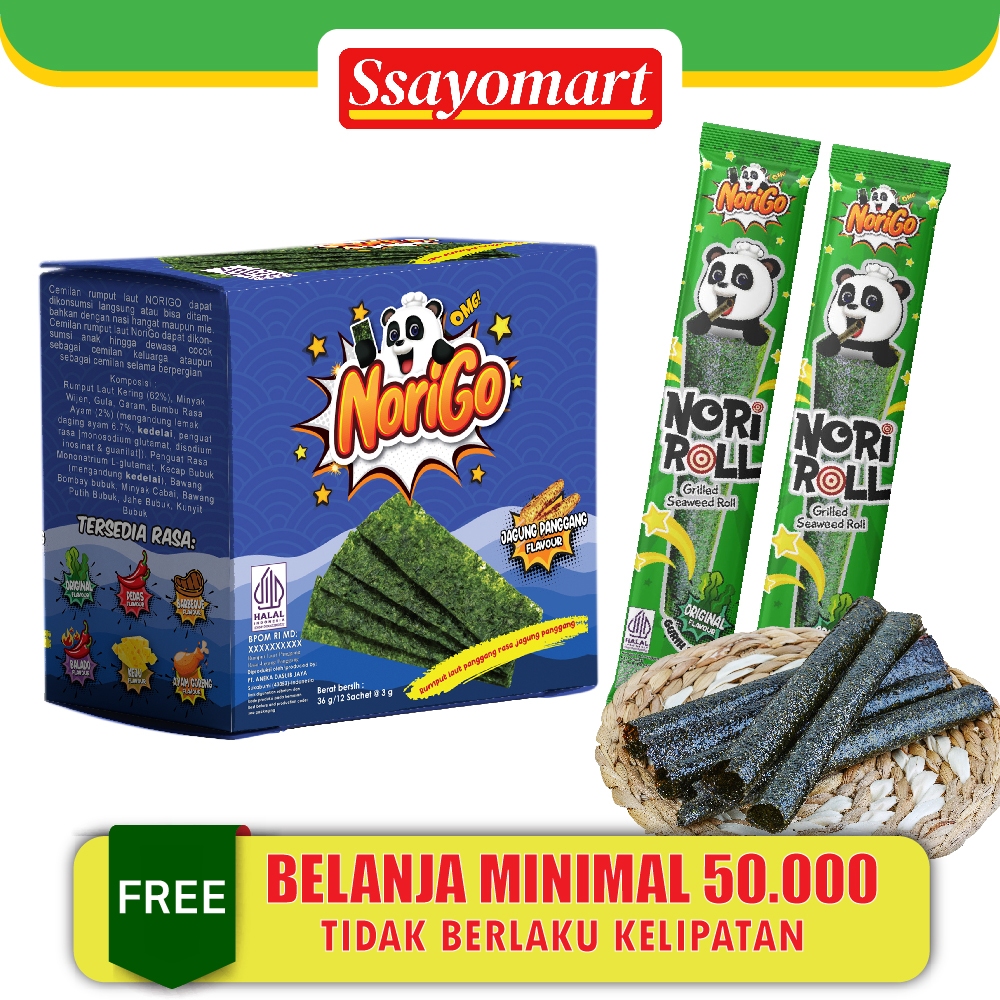 

Norigo Jagung Panggang (1 DUS ISI 5 PACK / Nori Sachet Seaweed Snack 3g Rumput Laut Halal
