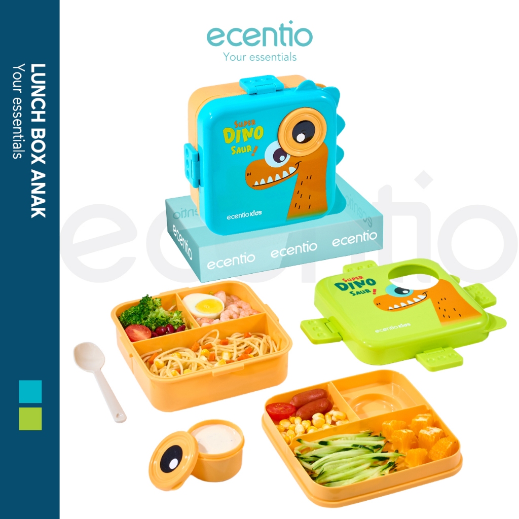 	 【PP 5】ecentio Kotak Makan Anak 3 sekat 1100ml 2 layer kartun dinosaurus dengan Sendok gratis BPA FREE	