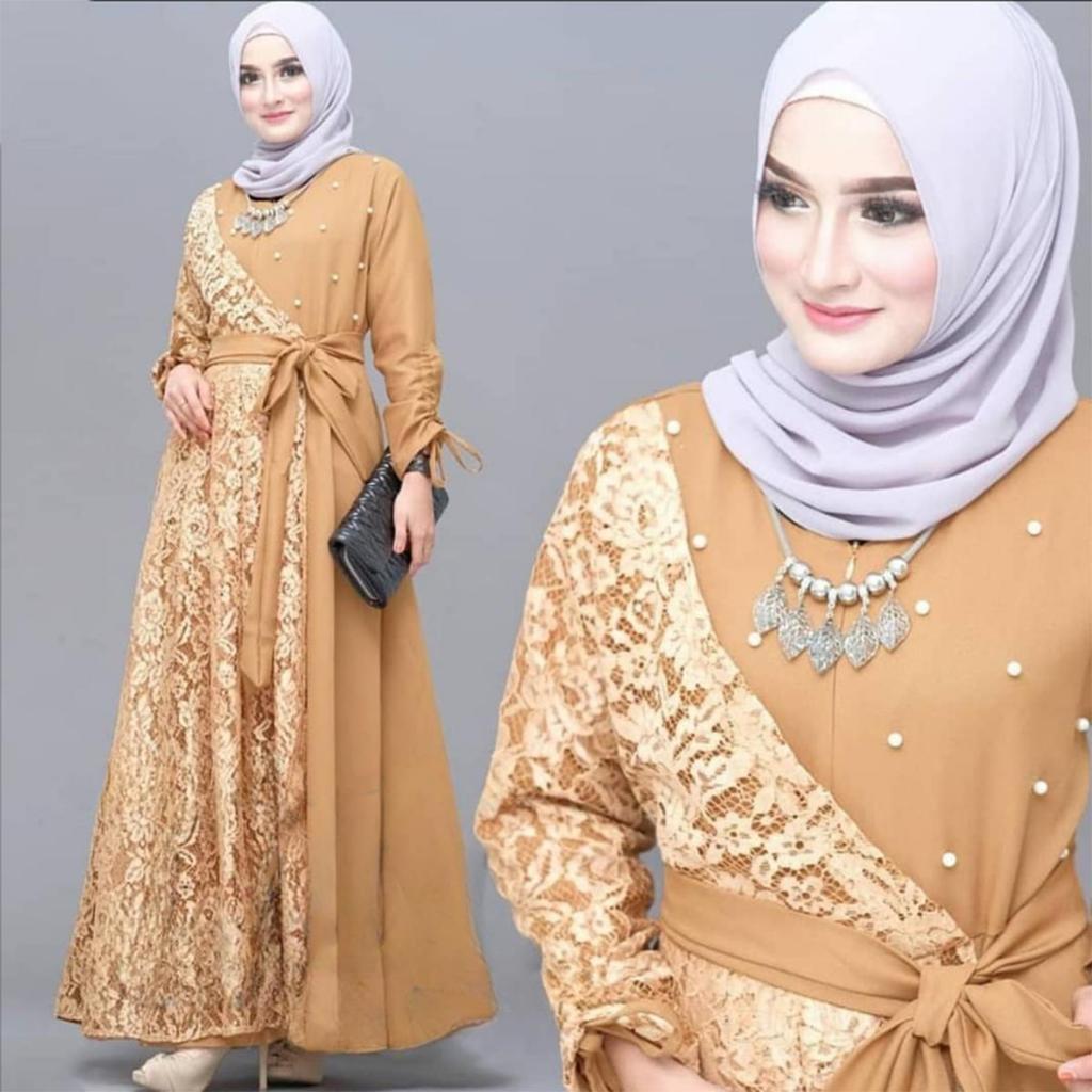 Gamis Syari Mewah Brukat Lilla Tille Mutiara Brokat Gaun Kondangan Pesta wedding