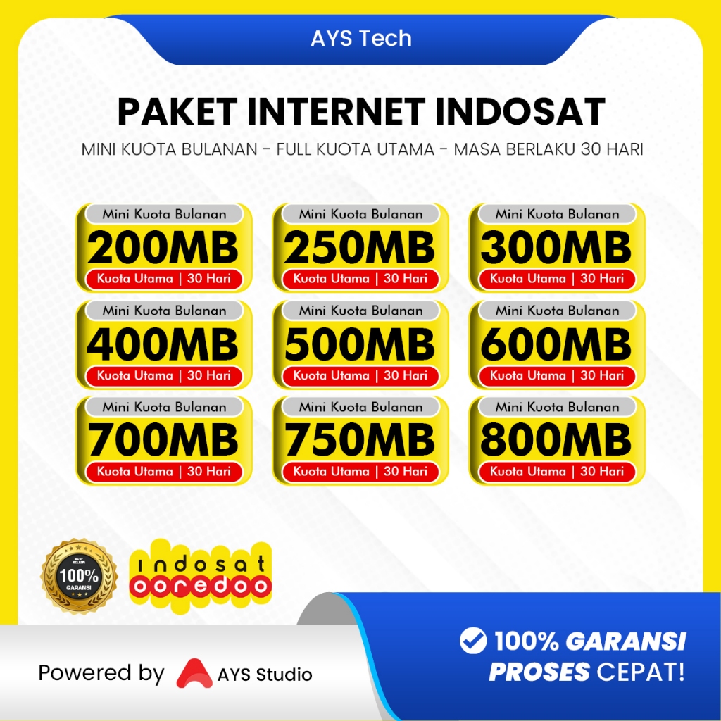 Paket Internet Indosat Kuota Mini Bulanan 100MB 200MB 250MB 300MB 400MB 500MB 600MB 700MB 750MB 800MB