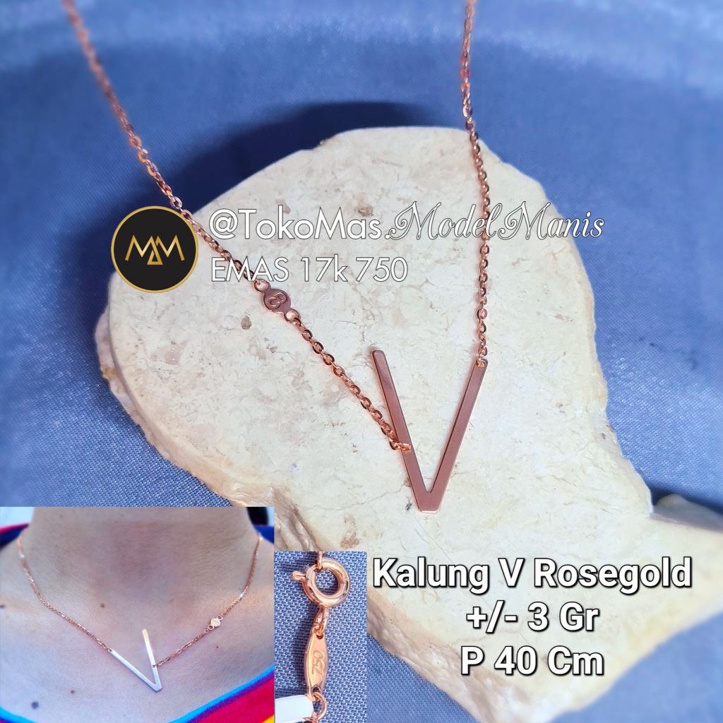 Kalung Caren Delano huruf V Emas Putih Rosegold UBS kadar 750