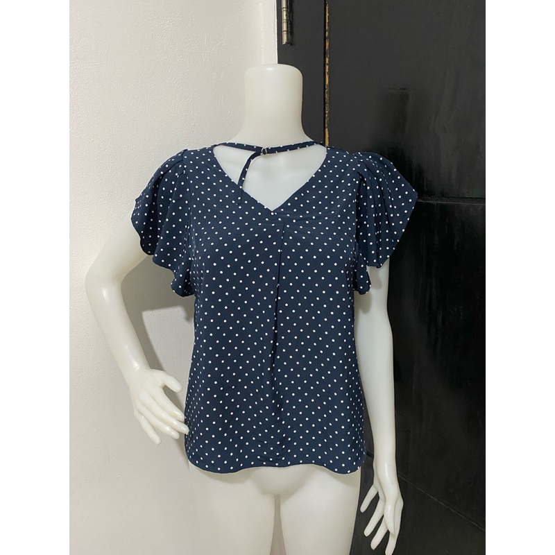 Polkadot Blouse Atasan korea top blouse polkadots navy lengan pendek wanita