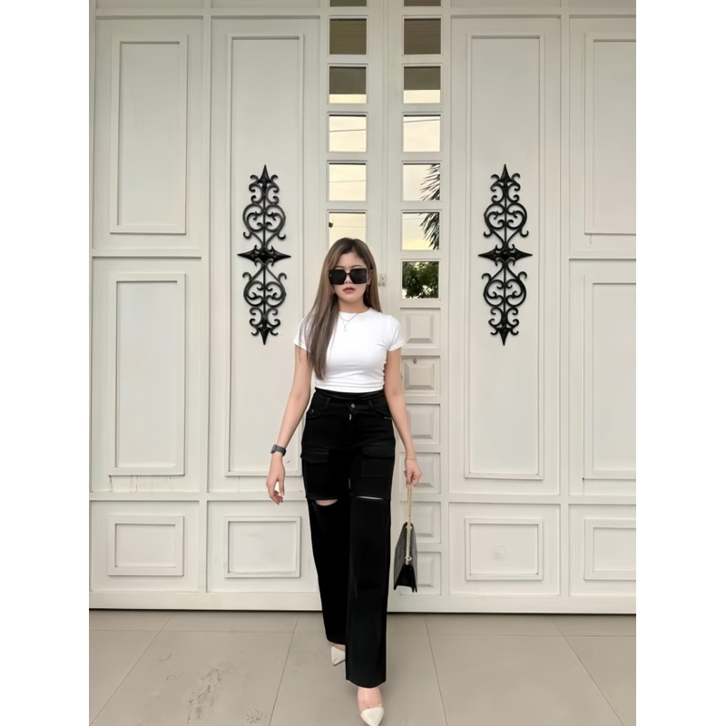 Cargo Jeans Sobek Wanita Big Size Jumbo 27-42 Celana Panjang