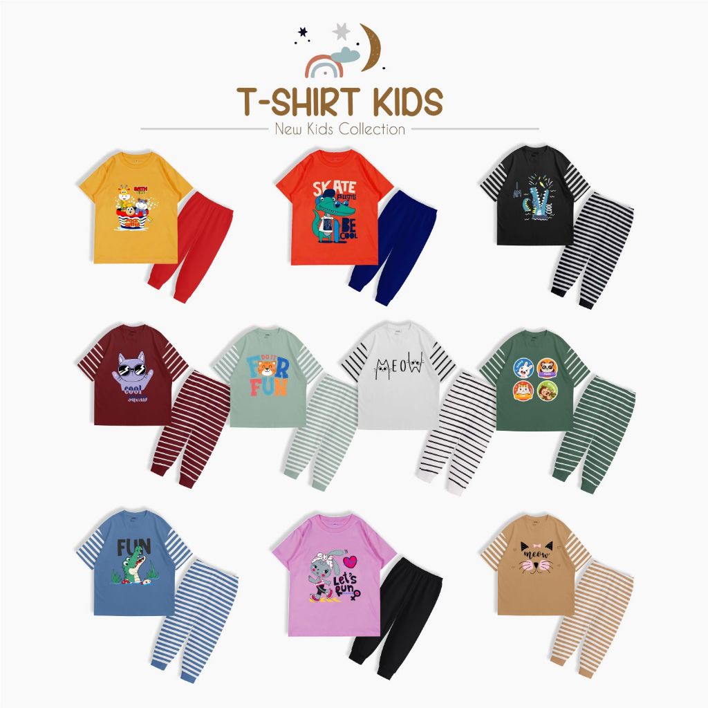 	 Setelan Piyama Anak Panjang Motif Salur Strip Laki laki Perempuan Usia 1-10 Tahun / Set Baju Tidur Anak Unisex Motif Animals	