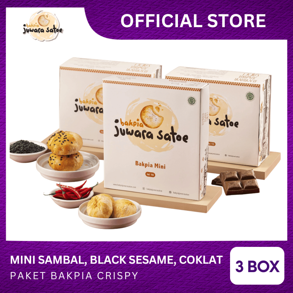 

[ 3 BOX ] PAKET BAKPIA CRISPY (MINI SAMBAL, BLACK SESAME, COKLAT) - BAKPIA JUWARA SATOE