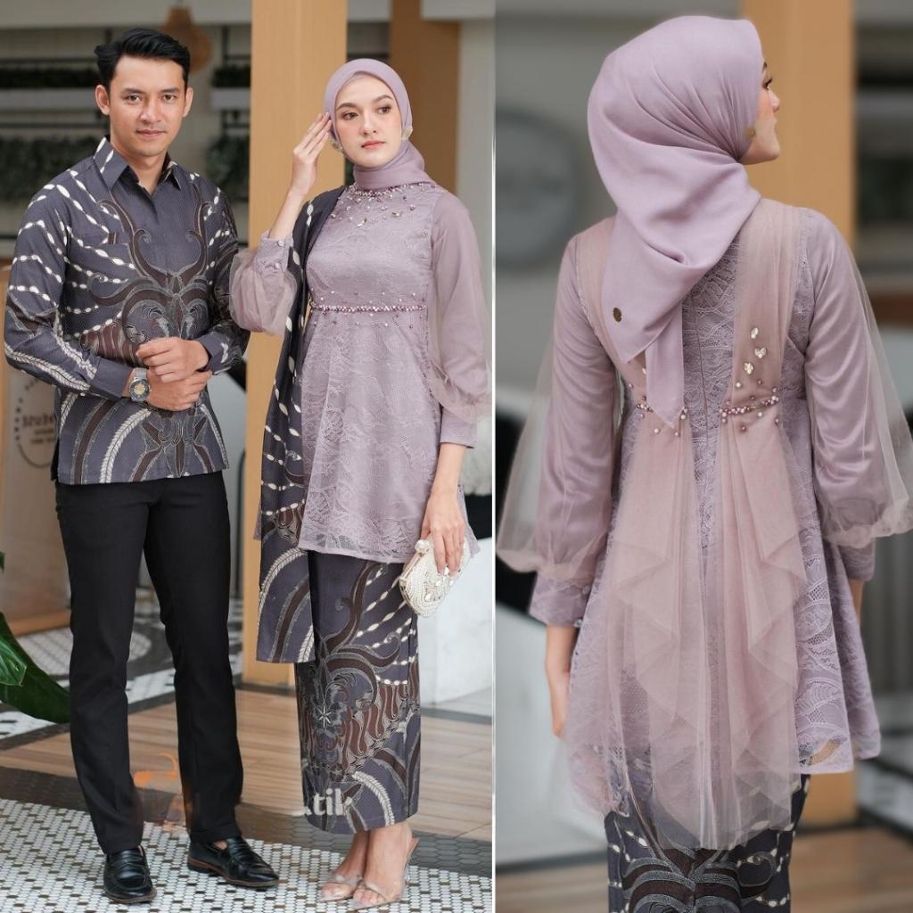 (ADA JUMBO)  Amanda Set Kebaya Couple Modern Sarimbit Kekinian Wisuda Tunangan Lamaran Batik Baju Pa