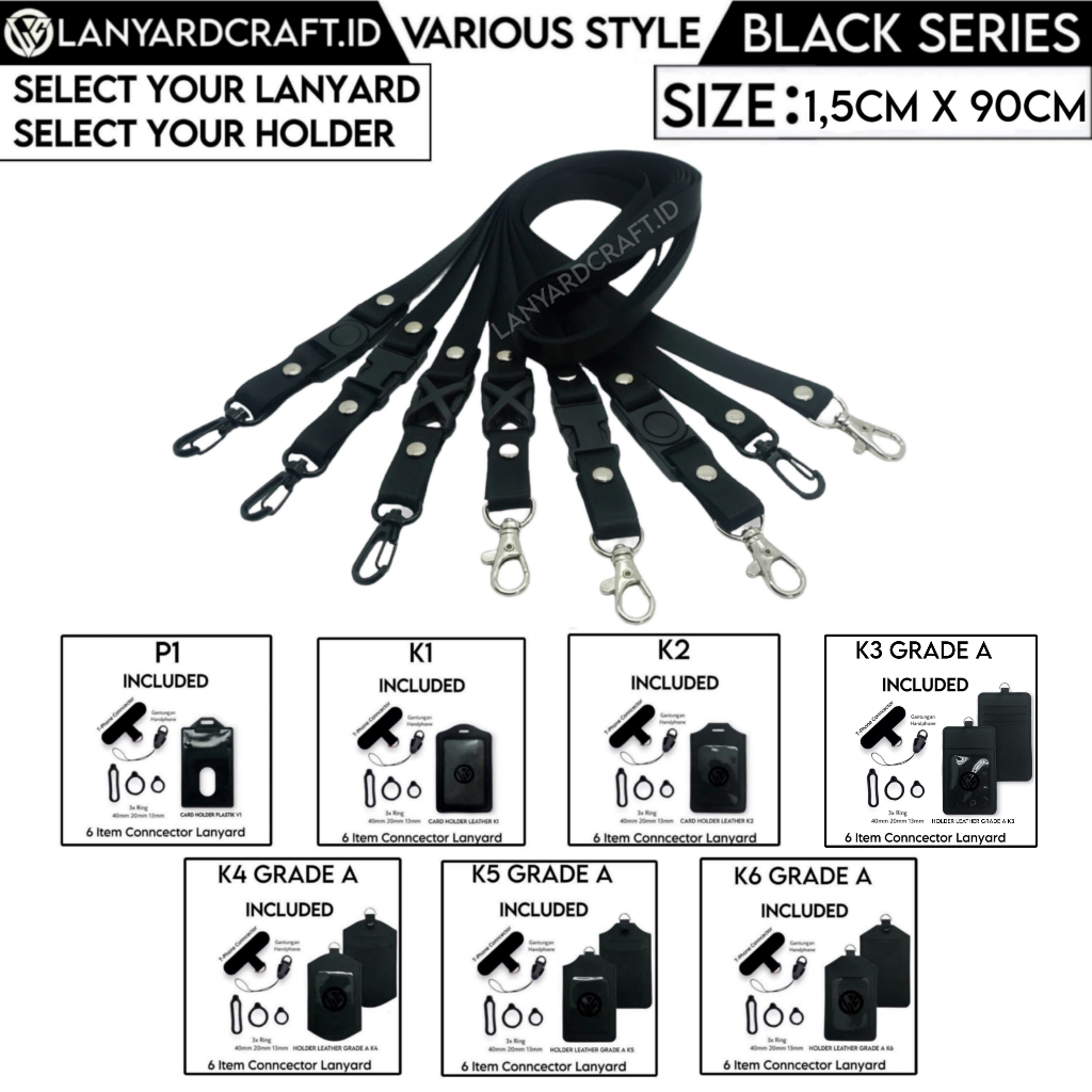 

Lanyard Polos Black Series 1.5cm Various Style / Tali lanyard Polos Hitam Holder ID Card