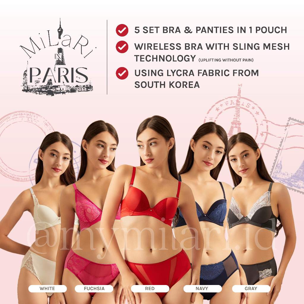 PENAWARAN TERBATAS Milari Koleksi Lycra Series, Milari in Paris 5set Bra Tanpa Kawat dan Panty,