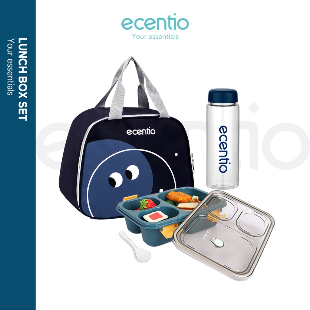 ecentio Lunch Box Set 3 Sekat Botol Minum 500ml Anti Tumpah Dan Tas/Kotak Bekal Makan Free sendok Te