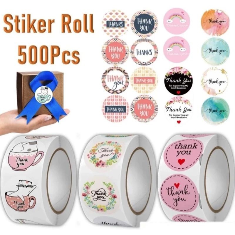 

Sticker Thank You Roll isi 500 pcs Stiker Terimakasih Warna Self Seal Label Motif