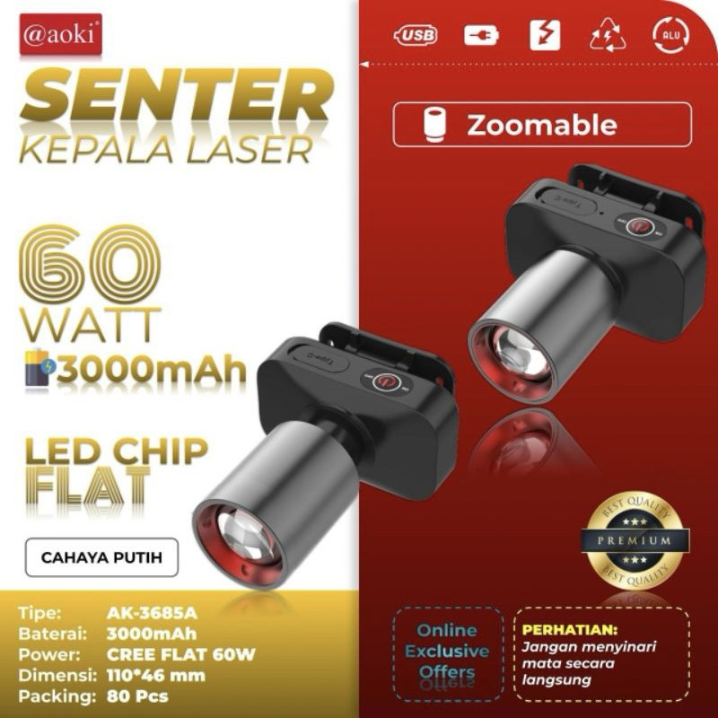 SENTER KEPALA LED ZOOM AOKI AK 3685A 60W - CAHAYA SUPER TERANG AK-3685A