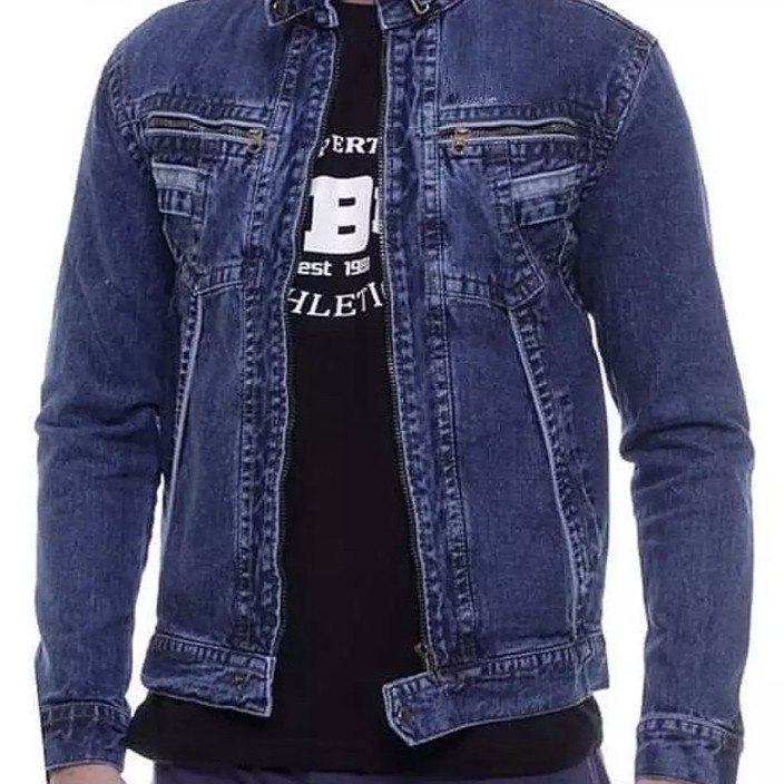 Terlaku JAKET JEANS PRIA KERAH TINGGI RESLETING JAKET JEANS COWOK TB BANDUNG MURAH JEANS BOMBER