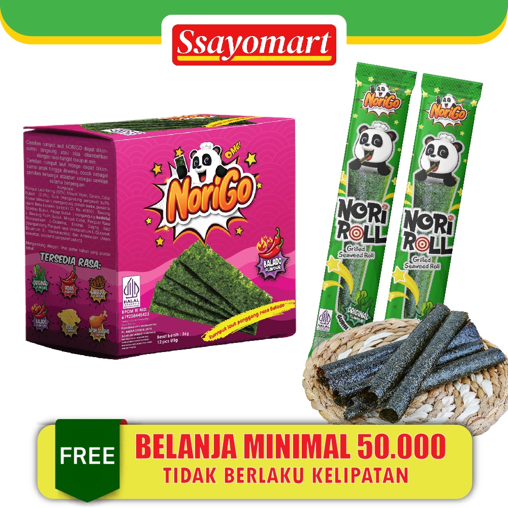 

Norigo Balado (1 DUS ISI 60 PCS) Nori Sachet Seaweed Snack 3g Rumput Laut Halal Rasa Balado