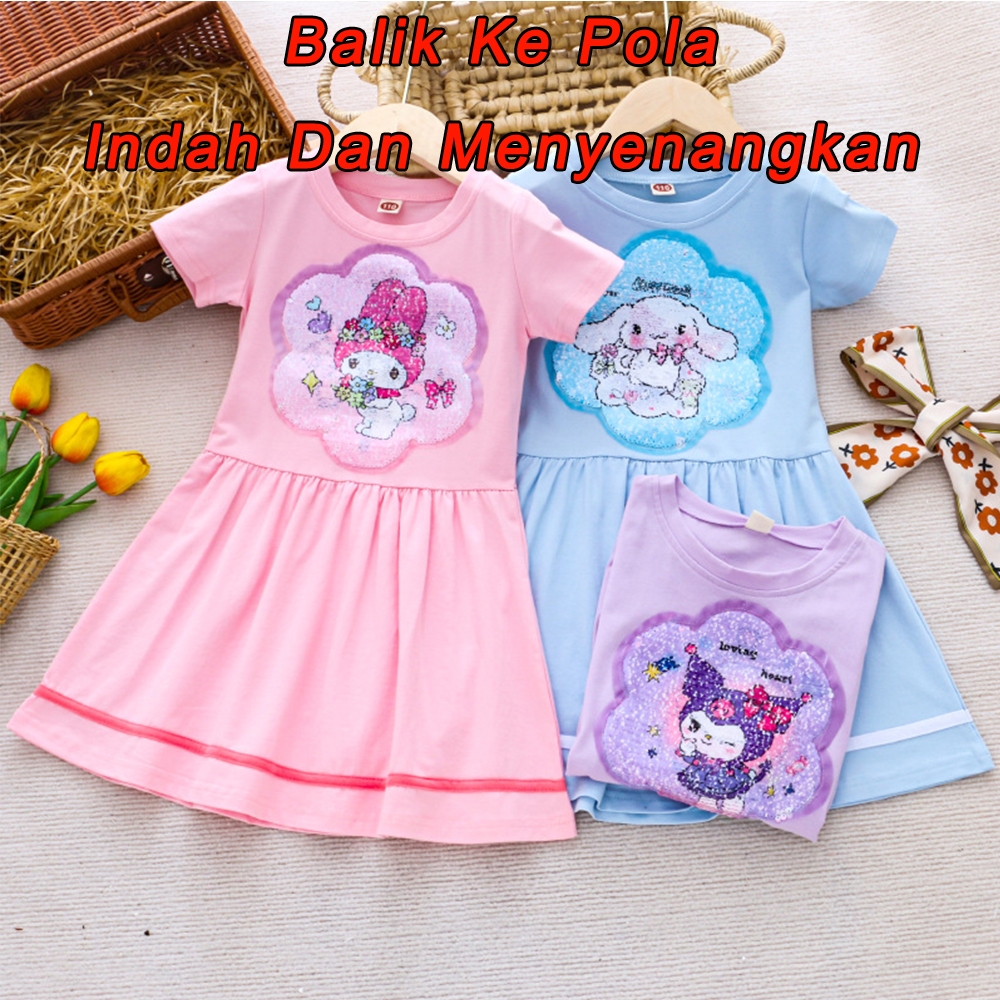 3-10 Thn Gadis Kapas Kuromi Payet Berpakaian Anak-anak Fashion Gaun Putri Mengubah Warna