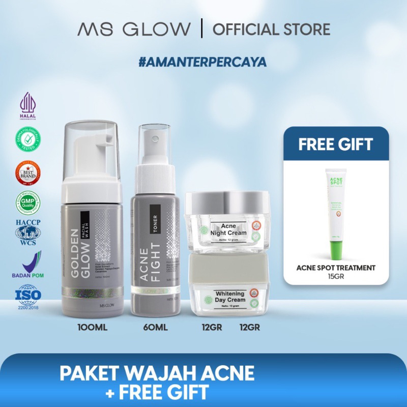 Ms glow isi 5 Paket Acne +Acne spot serum(Free Pouch)untuk Jerawat dan mencerahkan wajah msglow original 100% sepaket lengkap 1 Set Ma glow Mas glow