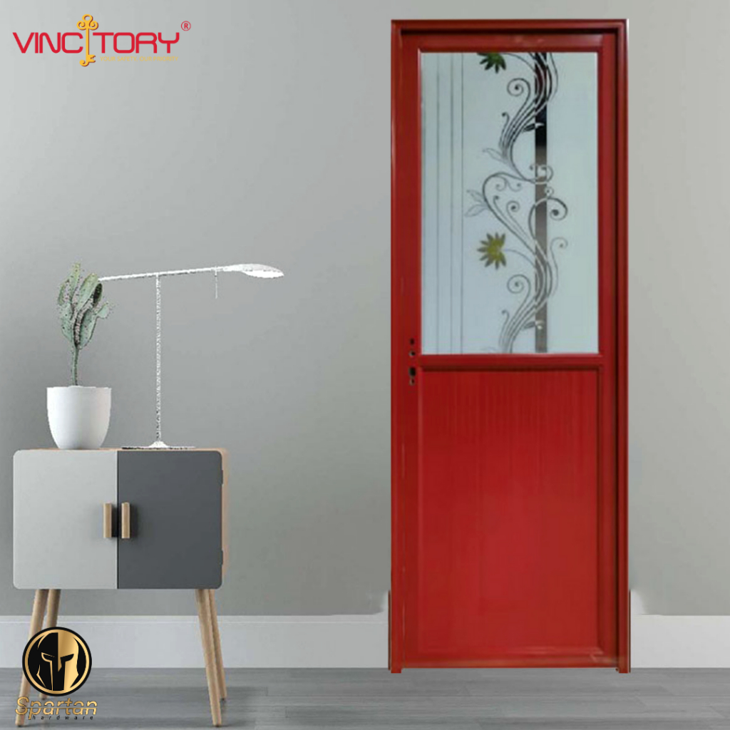 Pintu Kamar Mandi Lengkap Dengan Kusen dan Handle / Pintu Kaca Mahoni Aluminium 1/2 Kaca Motif Vincitory