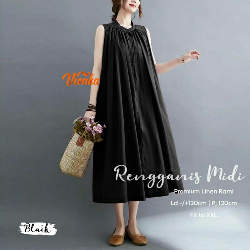 Rengganis midi dress katun linen kutung tanpa lengan jumbo LD 120 XXL