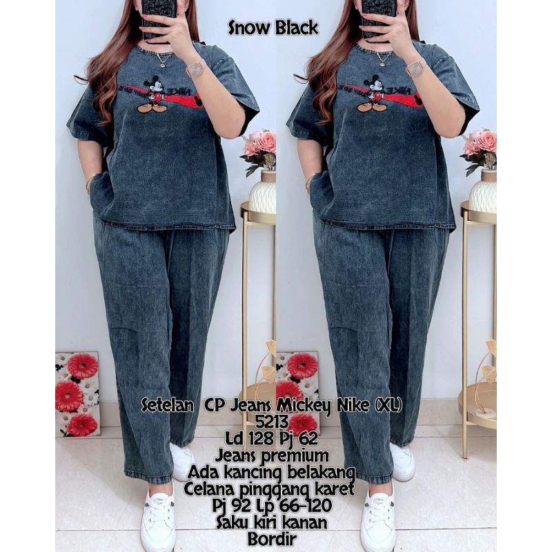 5213 SETELAN JEANS MICKEY CELANA PANJANG WANITA|ONE SET SANTAI|ONE SET DENIM JEANS