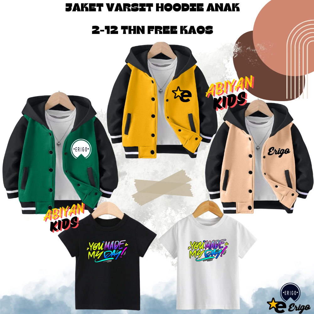 JAKET VARSITY HOODIE LAKI - LAKI/PEREMPUAN CEWEK EROGO, ERIGO BINTANG & ERIGO LOGO USIA 2-12 THN TER