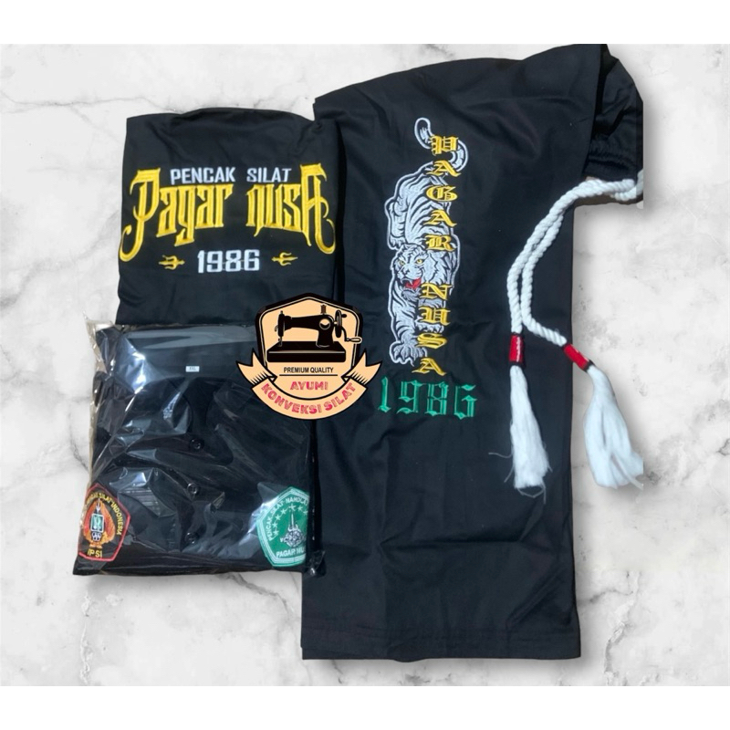 sakral warga pagar nusa bordir satu stel tali warok motif baju tulisan kuning motif celana macan put