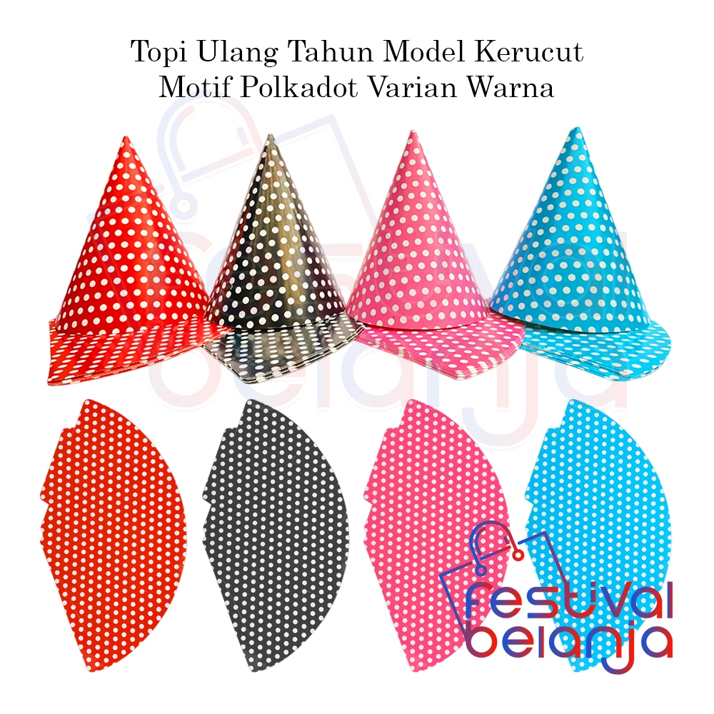 Topi Ulang Tahun / Topi kerucut polkadot / Topi ulang tahun  kerucut isi 10