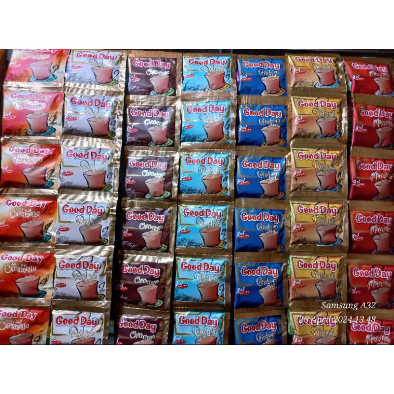 

Good day All Varian Rasa Chococino, Carabian Nut, Vanila Late, Coolin, Mocacino, Original, & Caramelo 1 Renceng Isi 10 Sachet @20g