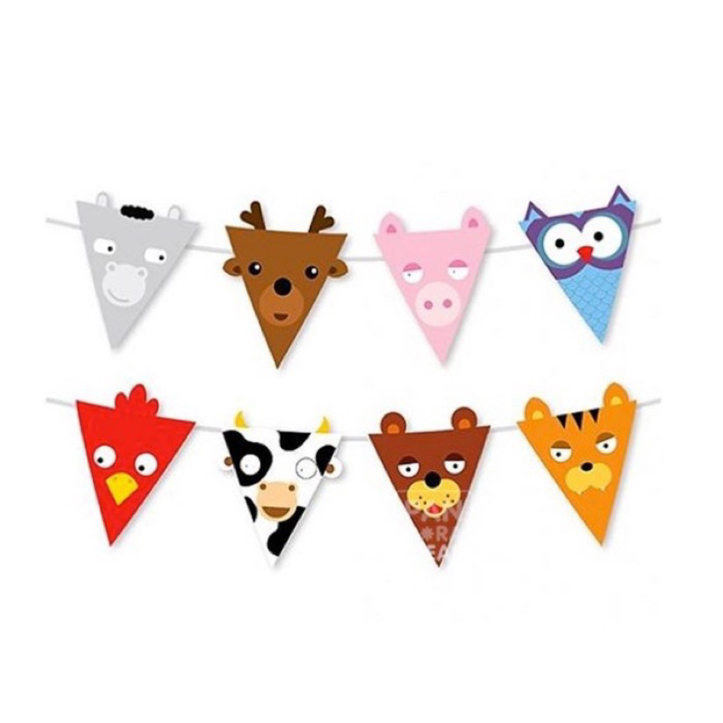 Bunting flag banner segitiga karakter hewan binatang animal farm ternak zoo jungle safari / backdrop