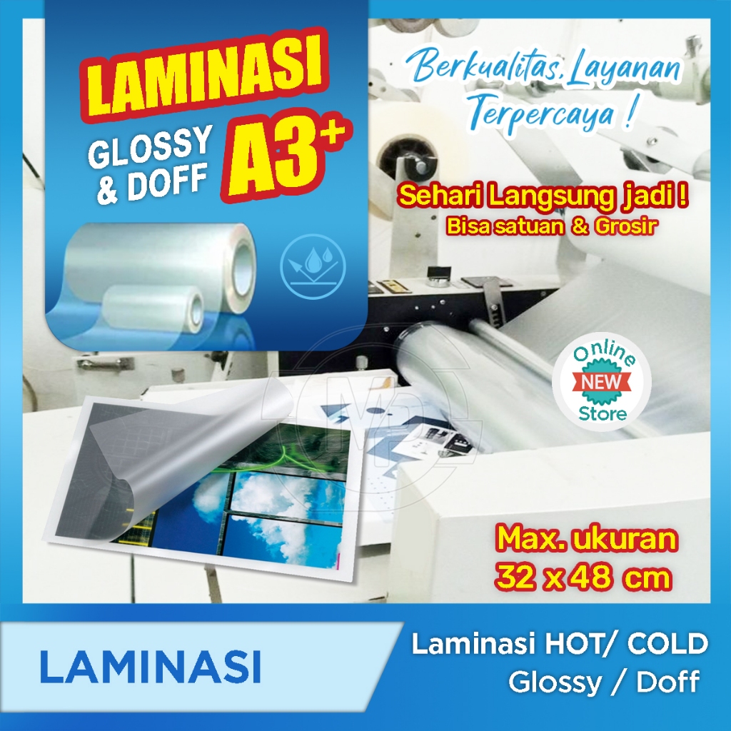 

Laminasi Glossy / Doff ( matte ) A3+ 1 sisi / 2 sisi Laminating
